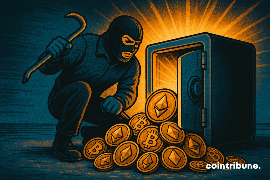 Illustration of a masked computer pirate flying from Bitcoin and Ethereum parts in a safe, symbolizing crypto flight, hacking and safety risks.
