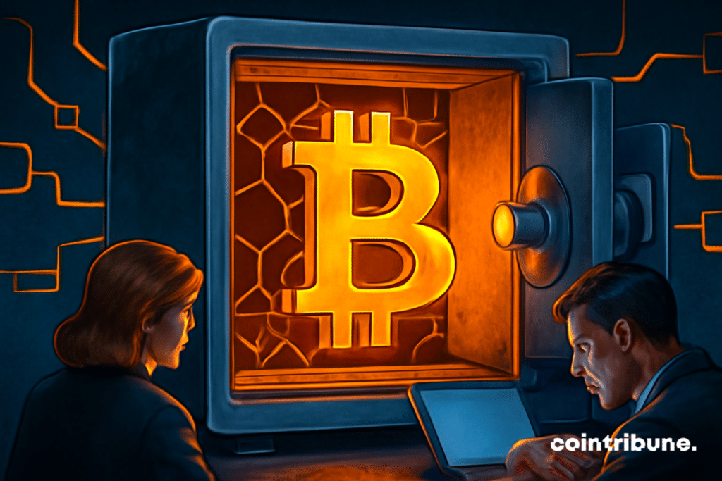 A metal safe reveals a luminous bitcoin, observed by a woman, while a man works on a computer.
