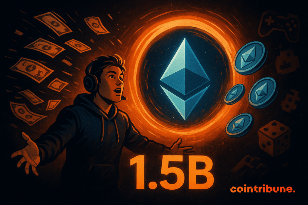 A player with a helmet remains amazed while dollars tickets swirl in a brilliant orange Ethereum portal that releases blue tokens, with