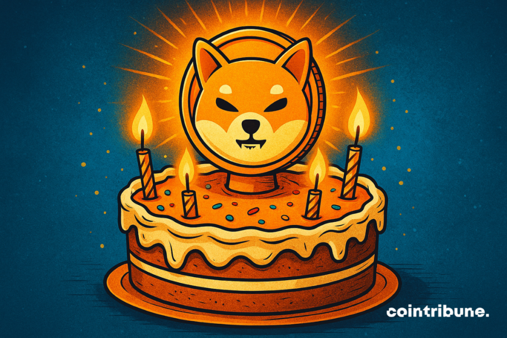 Illustration of a Shiba Inu piece posed on a birthday cake with five lit candles, symbolizing the 5th anniversary of Shiba Inu in the crypto world.