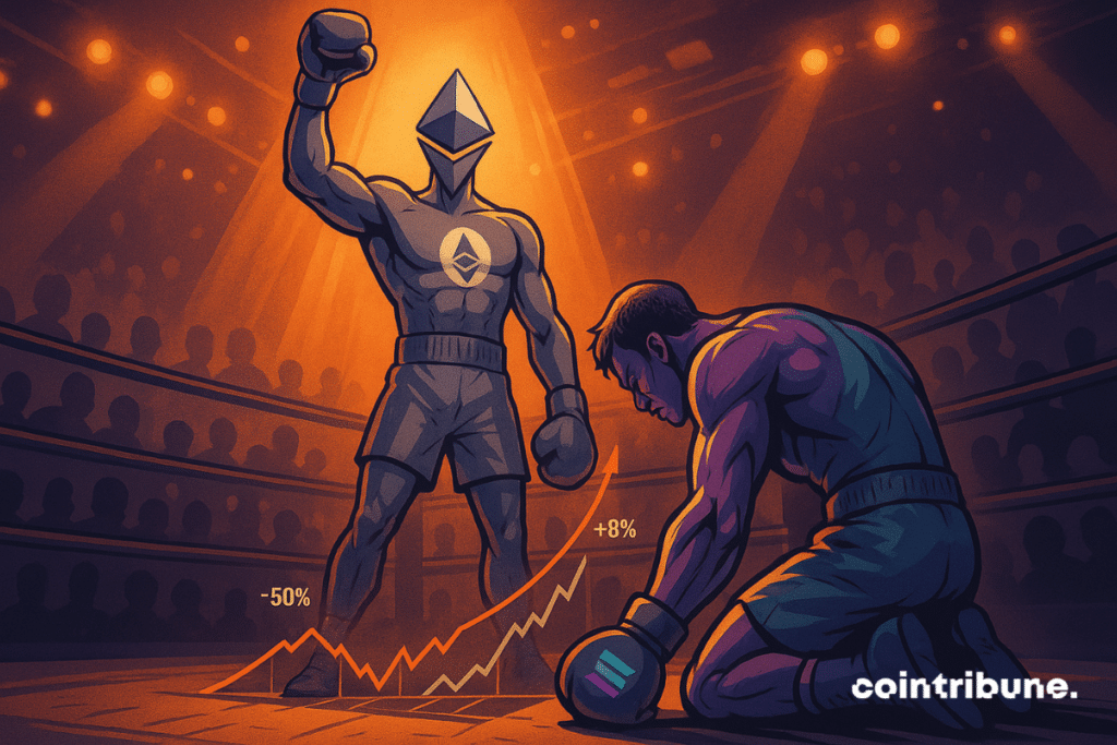 Ethereum triumphs over a ring, embodied in a muscular boxer, while Solana, exhausted, collapses under a dramatic light.