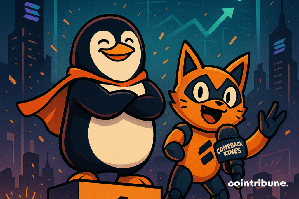 On the left, a smiling pengun with an orange cape (Pengu) stands on the first step, cross arms. On the right, an orange and black robotic cat (SPX) holds a microphone and salutes the crowd since the second step