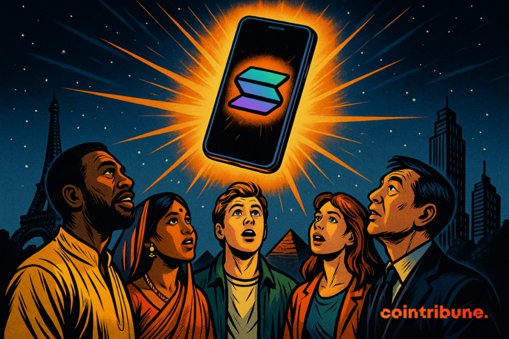 Five amazed people look at a luminous Solana smartphone floating in the sky, illuminating emblematic monuments around the world.