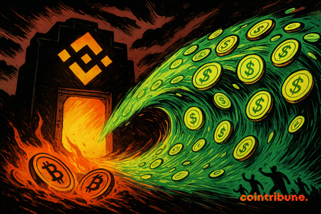 A comic book scene from a bright binance gate absorbing a flood of pieces of green dollars while ignited bitcoin pieces flow below.