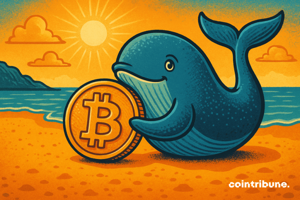 Illustration of a smiling blue whale on a sunny beach, holding a large Bitcoin gold coin.