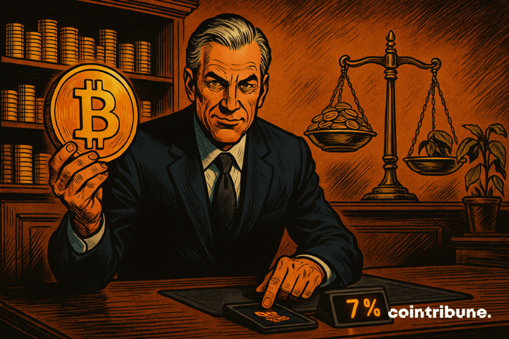 A businessman holds a giant Bitcoin part in gold, shiny, in a demonstration gesture.