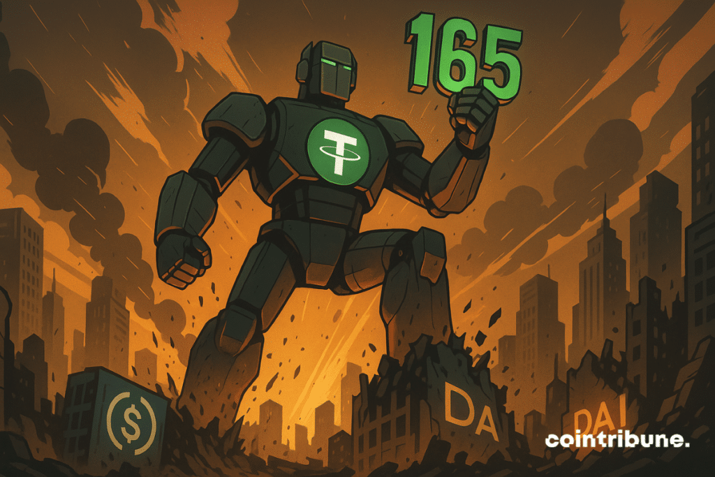 A giant Tether robot crushes the Stablecoins USDC and DAI in a ruined city, proudly brandishing the 165 billion.
