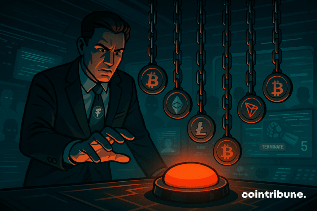 A manager representing Tether suspends his gesture over a red button, stopping the USDT stop on five blockchains.