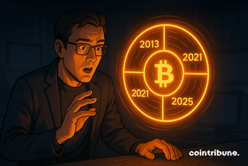 An amazed analyst discovers a luminous hologram of the Bitcoin cycle, revealing the key dates: 2013, 2017, 2021, 2025.