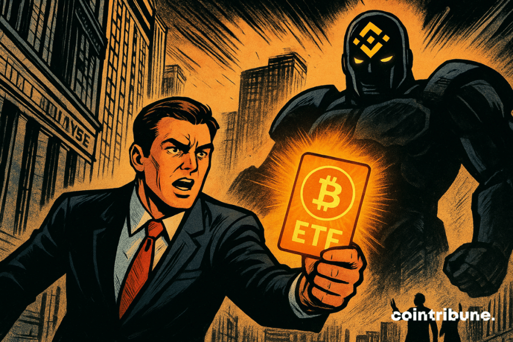 A Wall Street trader brandished a bright bitcoin etf card, facing a binance Titan that hangs over the city.