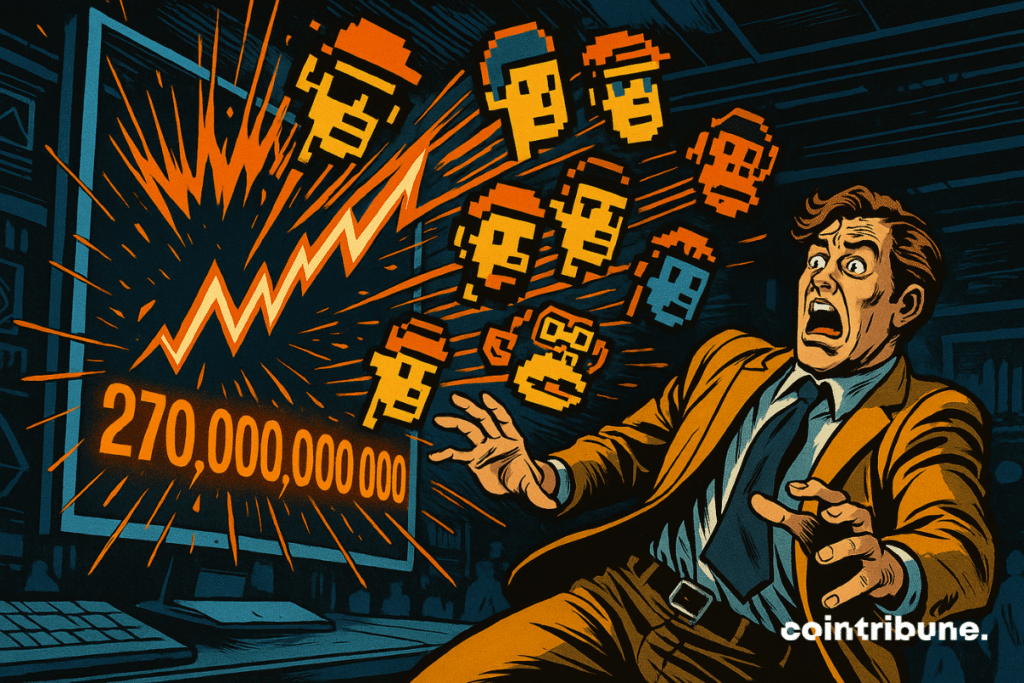 Chatgpt said: A frightened man is receding while pixelated NFT avatars arise from a screen displaying 270,000,000,000, style comics.