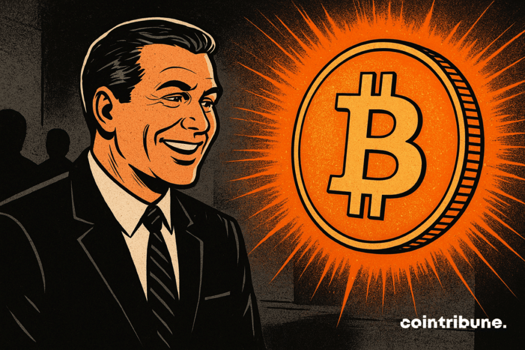 A CEO smiling in a dark costume faces a gigantic luminous bitcoin that radiates an orange aura, in a retro comic style from the 70s, contrasting between the shadow and the golden brightness of the crypto.