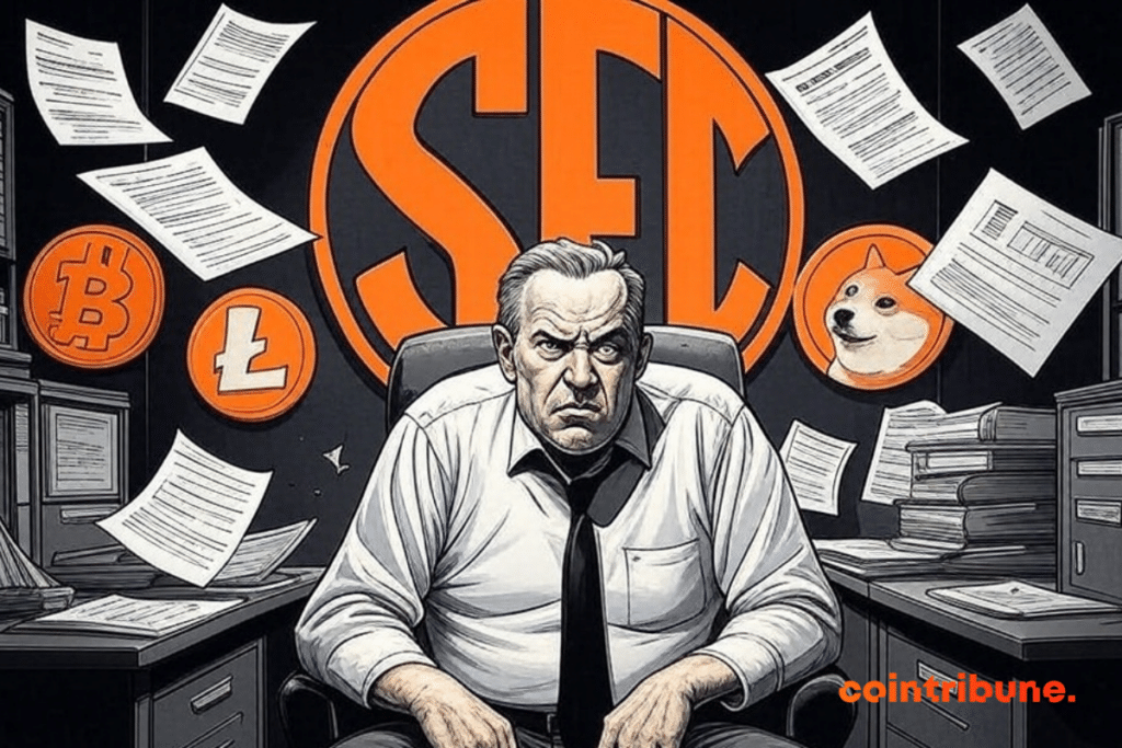 Man frustrated in the dry office, Crypto logos (XRP, LTC, Sol, Doge)
