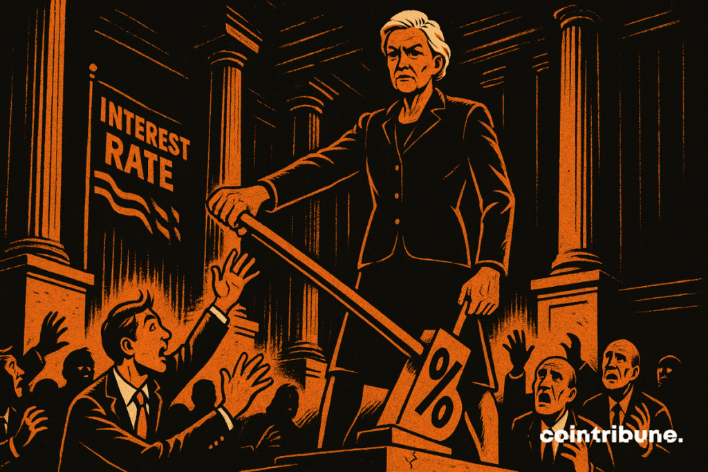 An elderly, elegant and rigid woman, personifying the federal reserve (Fed). It holds it firmly in a high position, preventing its descent, cold and relentless look, which symbolizes doubts linked to the drop in rates.