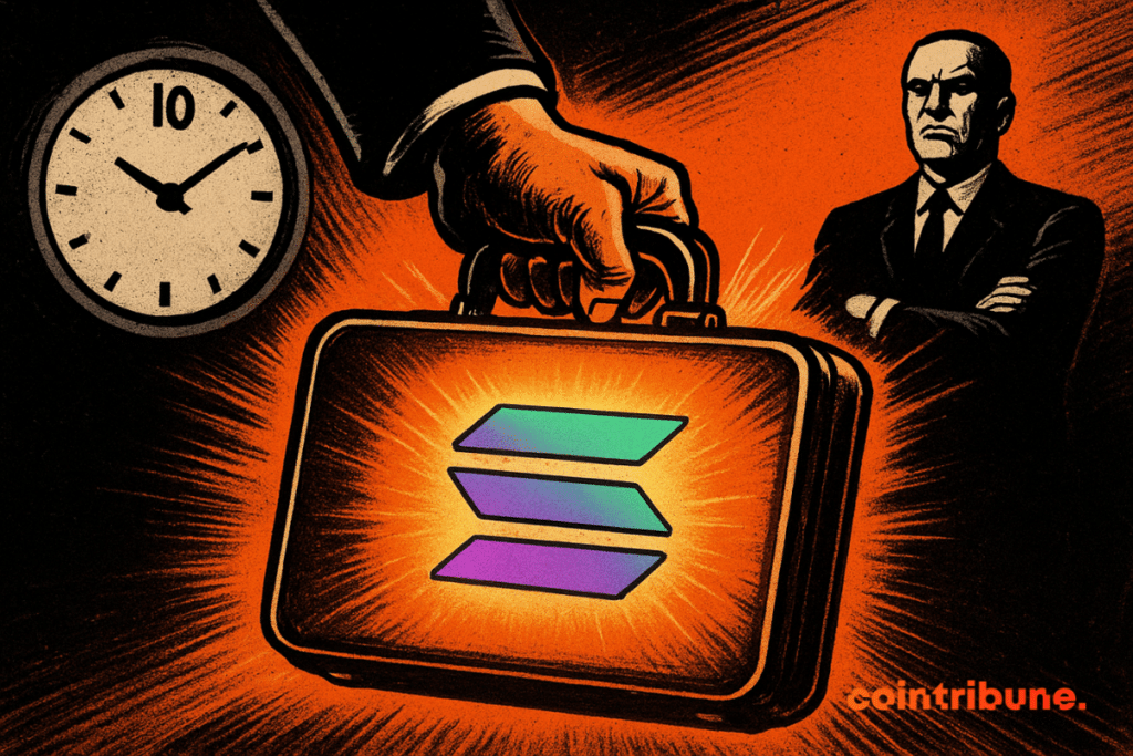 A comic strip scene showing a hand in a suit grabbing a light briefcase with the Solana logo, a severe man in the background and a clock indicating ten hours.