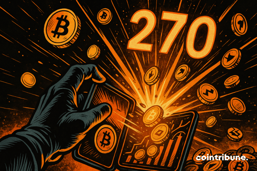 A gloved hand opens a crypto wallet, releasing an orange explosion of rooms and the 270 bright figure.