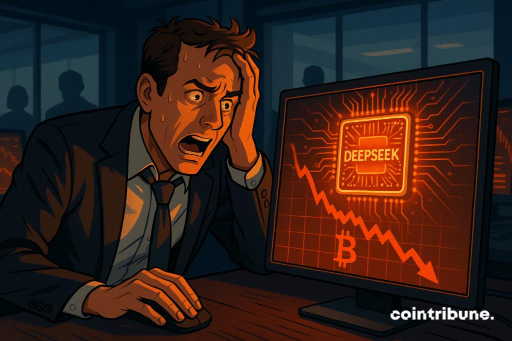 A panicked trader in front of his screen observes the Deepseek ia chip causes a sudden fall in the crypto market.