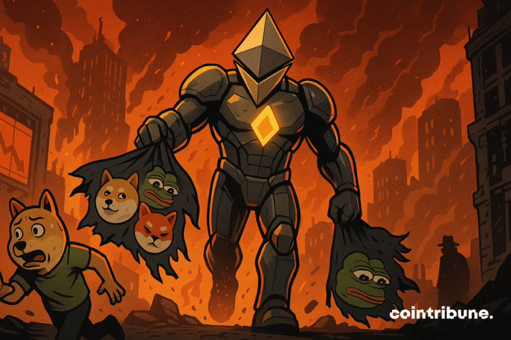Conquerful Ethereum crushes the same in urban chaos in flames, symbolizing the sudden and irreversible fall of tokens.