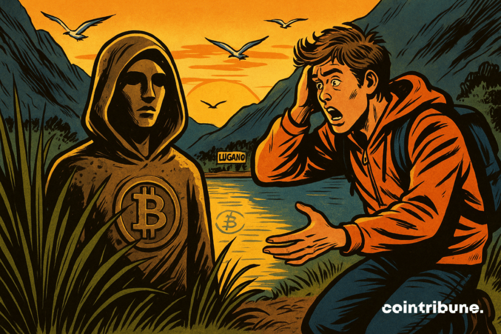 The statue of the founder of Bitcoin, Satoshi Nakamoto, found at the edge of a lake in Lugano.