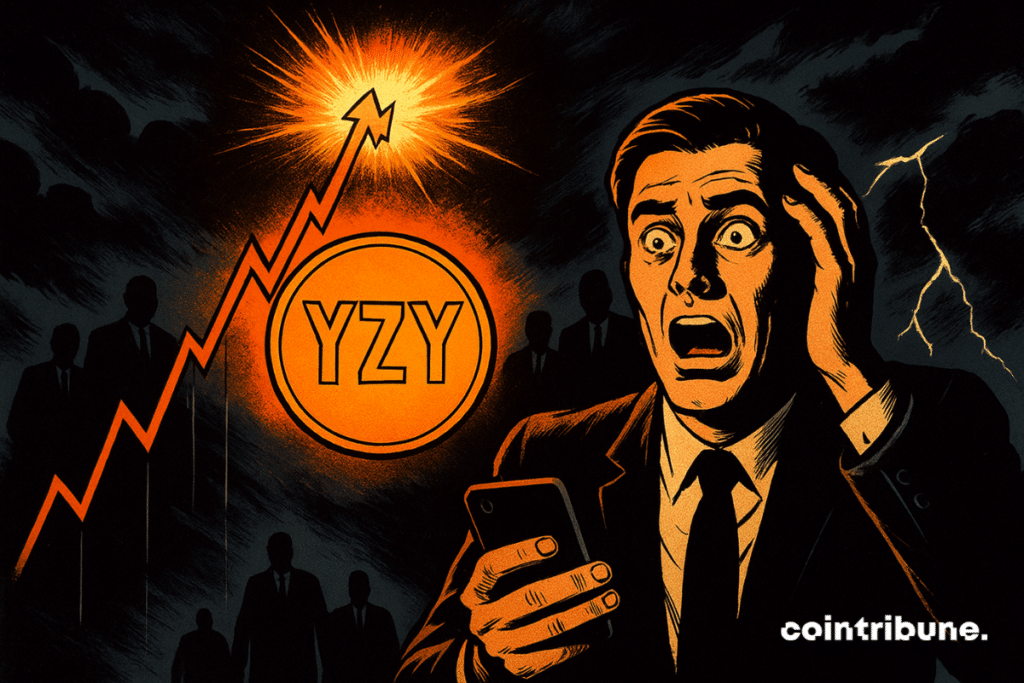 A shocked investor looks at his phone while a brilliant Yzy room and an explosive graphic are looming under a stormy sky.
