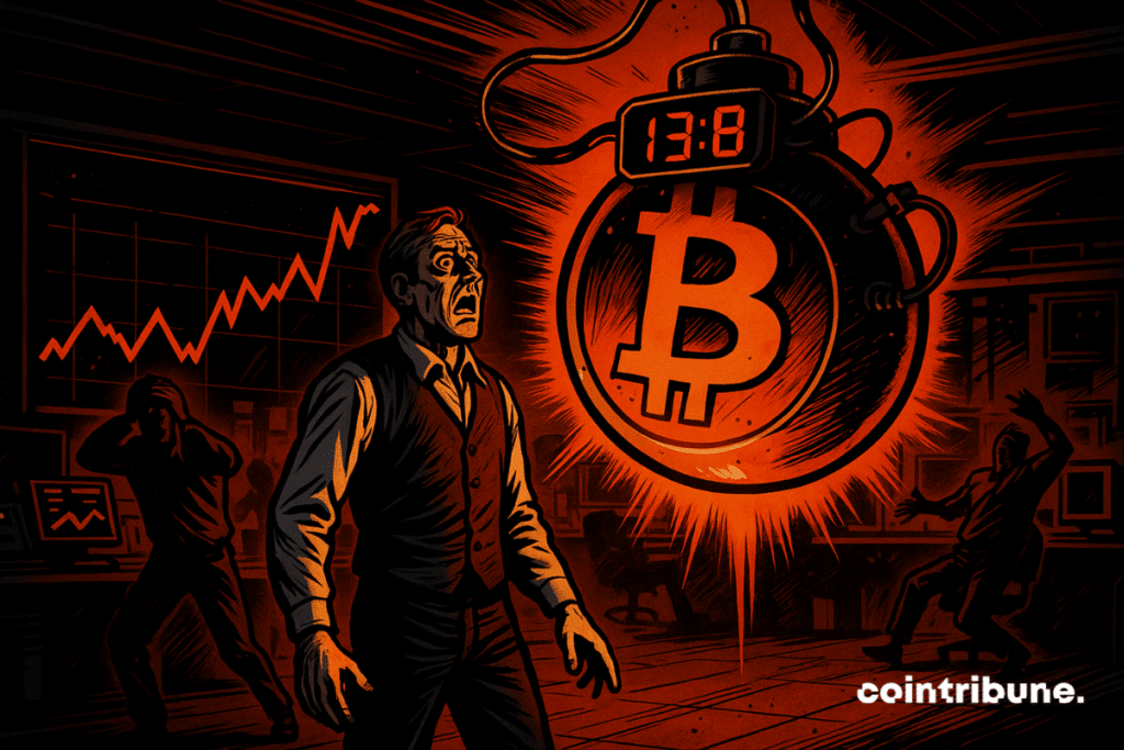 A trader observes the counter of a bomb. The bitcoin -shaped bomb suspended in the center is illuminated by orange light. The red digital counter on the front poster