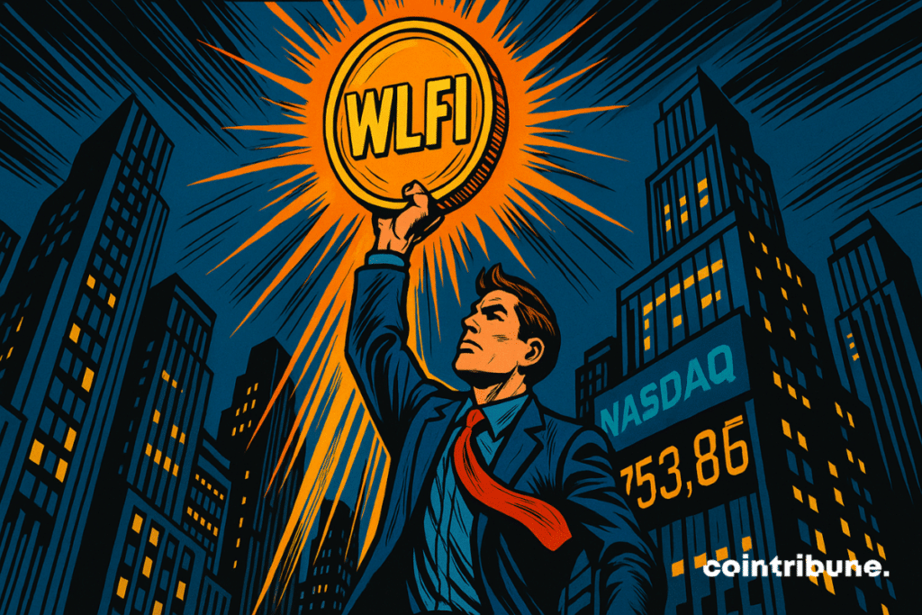 Business man raising a bright WLFI crypto in front of the nightlife Skyline, 70s comics style, orange shards and Nasdaq atmosphere.