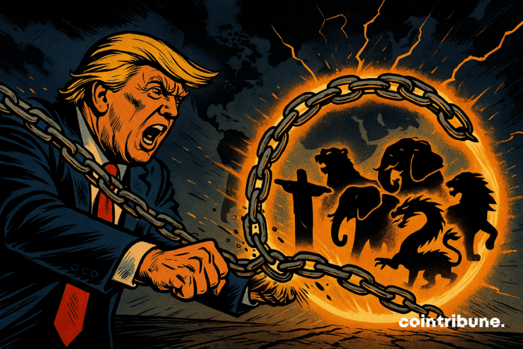 Trump, is very expressive: tight jaw, wide eyes, mouth open in a cry of anger. His arms stretched forward project large metal chains. The chains, instead of crushing the opponents, close in orange light circle around five emblematic silhouettes representing the BRICS.