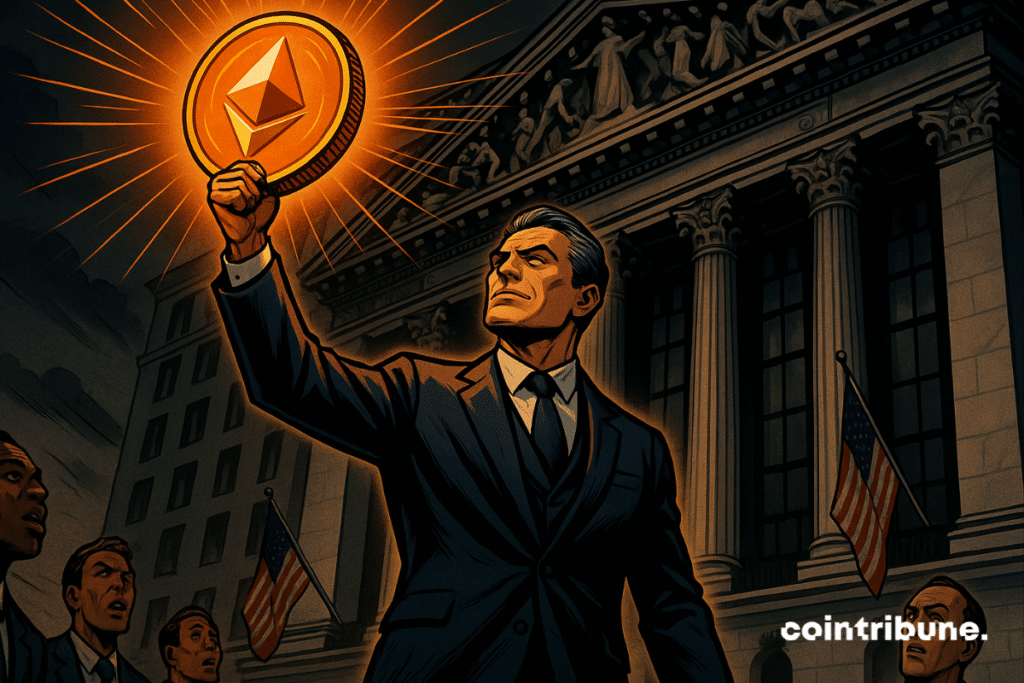 A businessman raises a shiny Ethereum piece, symbolizing his role as stablecoin of Wall Street.