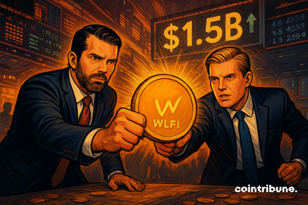 Trump's sons push a brilliant WLFI piece on the Wall Street parquet, the 1.5 billion dollars symbol flashing in fat behind them.