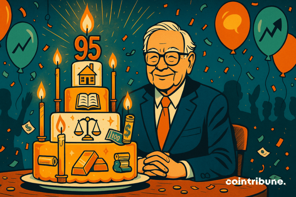 Warren Buffett is seated at a festive table, hand crossed in front of a huge 5 -storey birthday cake, stylized in a graphic way, each floor visually representing a key principle via a symbol.