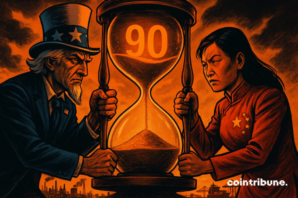 The uncle Sam and a figure of China retain a giant hourglass marked 