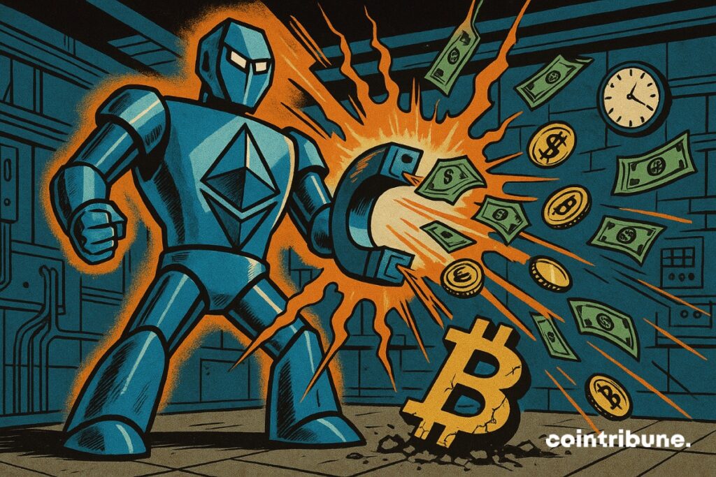 An Ethereum in the form of a giant robot which aspires all the capital from Bitcoin.