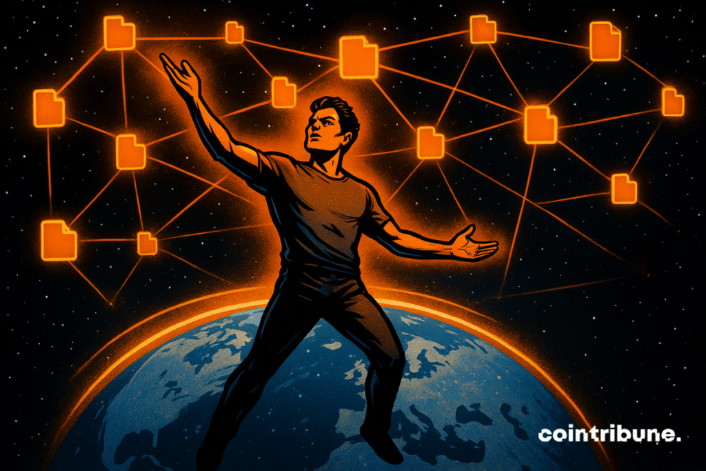 A man in a comic style floats above the earth in space, surrounded by icons of shiny orange files connected by light lines.