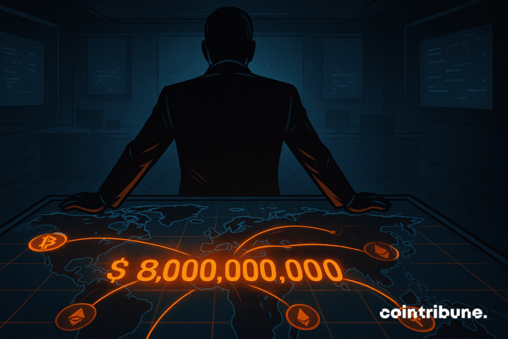 Hacker hooded in the shade, illuminated screen displaying $ 8 billion, dark atmosphere, tension, clandestine crypto.