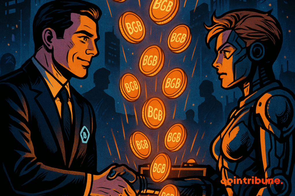 Two crypto partners shake hands under a night sky, surrounded by floating BGB tokens and 440m figures.