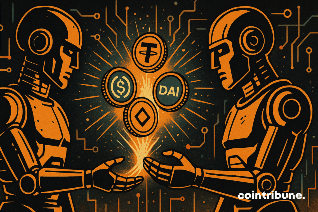 Two humanoid robots are held in a transaction posture, each stretching one hand towards the other. In their hands floats a light beam, in which stylized parts of Stablecoins appear (USDT, USDC, DAI) which circulate as an energy transfer, which symbolizes the new protocol payment between Google IA.