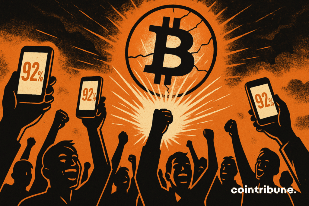 A crowd of investors brandishes smartphones to the sky, with light screens displaying the 92 % figure relating to the profit achieved. Behind the crowd, a huge piece of bitcoin radiates in the sky.
