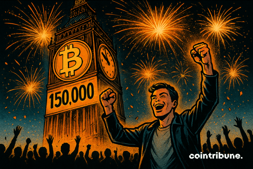 A young euphoric man lifts his arms to the sky in front of an illuminated monumental clock, whose dial has a golden bitcoin and the figure $ 150,000. The night scene is ignited by orange and white fireworks, while a joy crowd cheers this historic moment.
