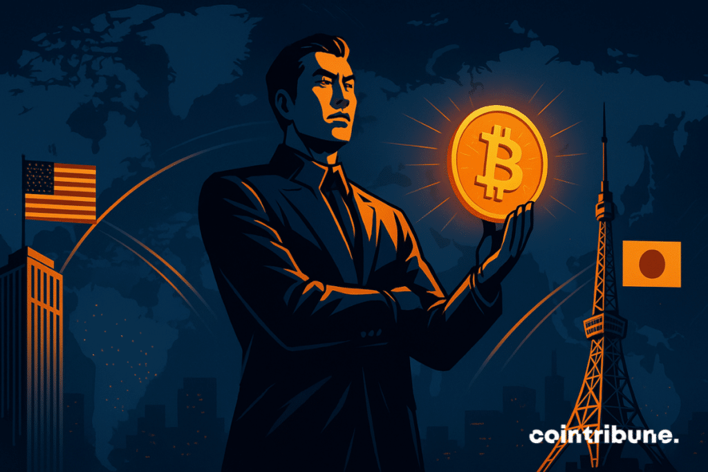 A Japanese strategist holds a luminous bitcoin, between American skyscrapers and Tokyo Tower, symbolizing Metaplanet's global expansion.