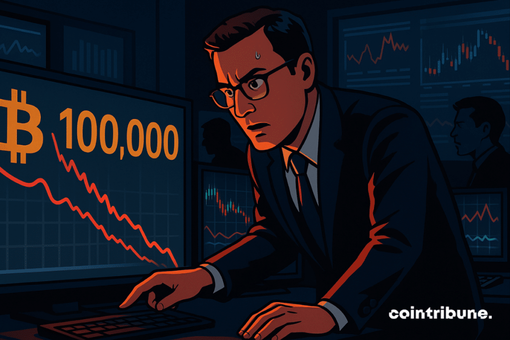Analyst Watches Bitcoin Chart Dip below 0.000 in Tense Control Room Scene.
