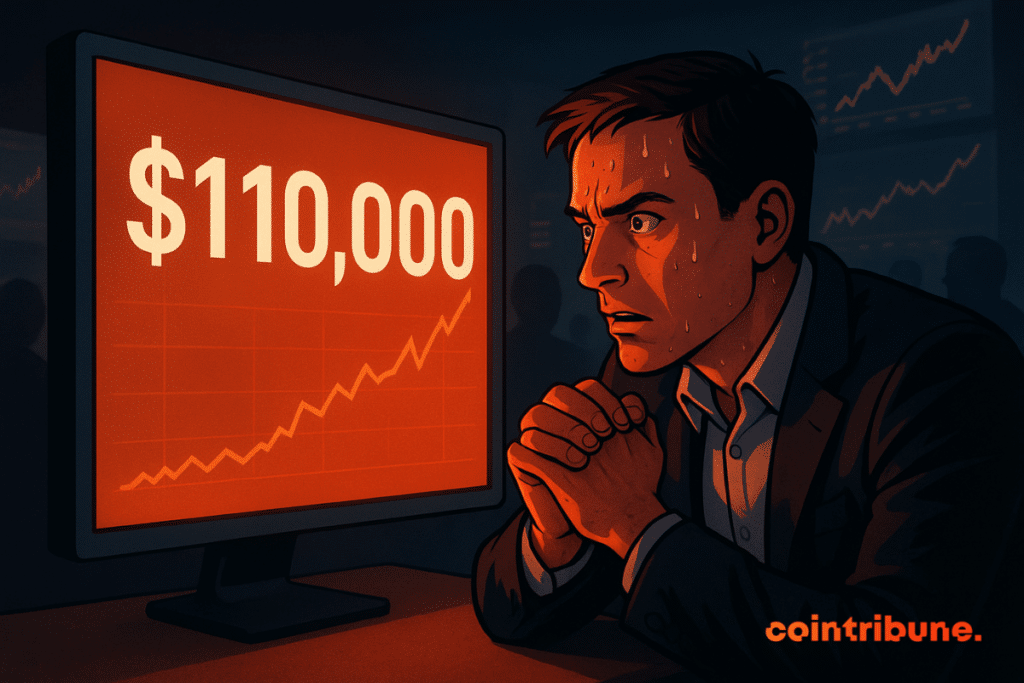 A worried trader in a sweating suit watching a bright red screen displaying the price of Bitcoin at $ 110,000.