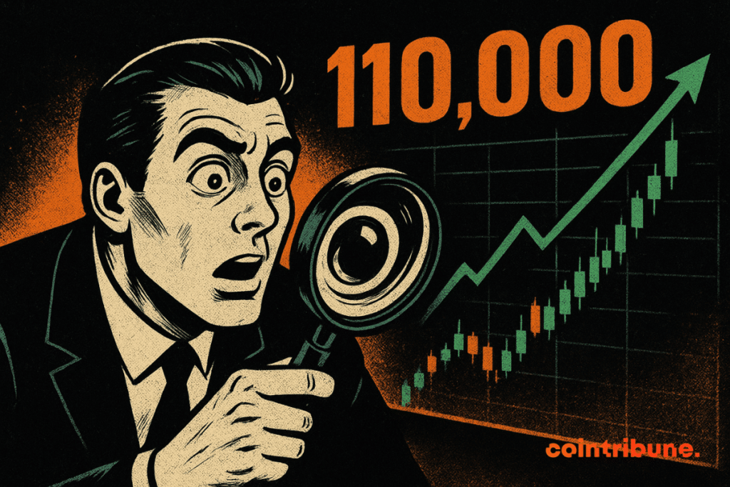 An illustration of a comic book style of a shocked man in costume holding a magnifying glass, looking at a high stock graphic with the number