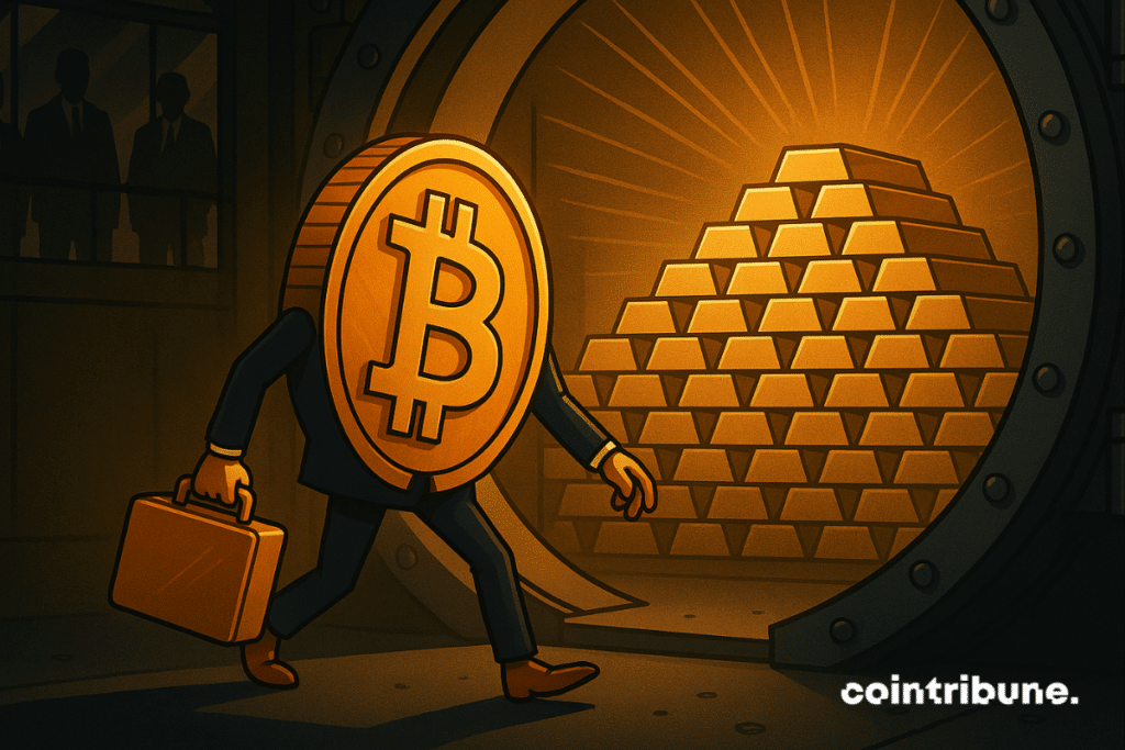 Bitcoin Enters in Central Bank Vault, Joining Gold Bars under Dramatatic Lighting.