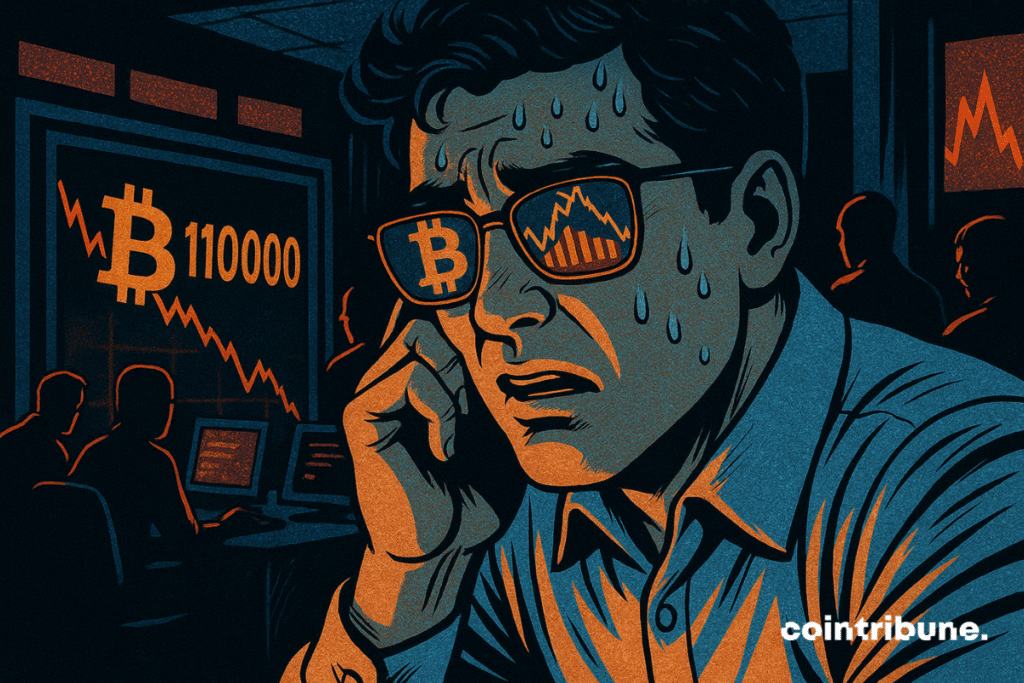 A panicked trader, in sweat, fixes a screen. Bitcoin reflections falling into his glasses. Palpable tension, dark atmosphere.