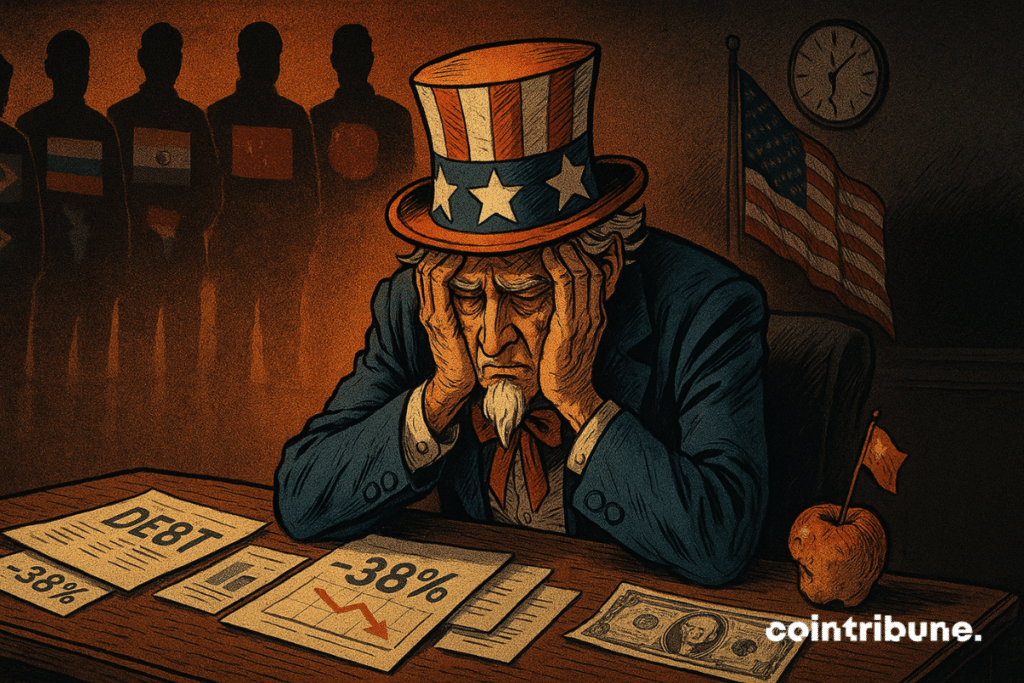 The uncle Sam overwhelmed in front of a wall of BRICS debts, which symbolizes the deficit of the USA.