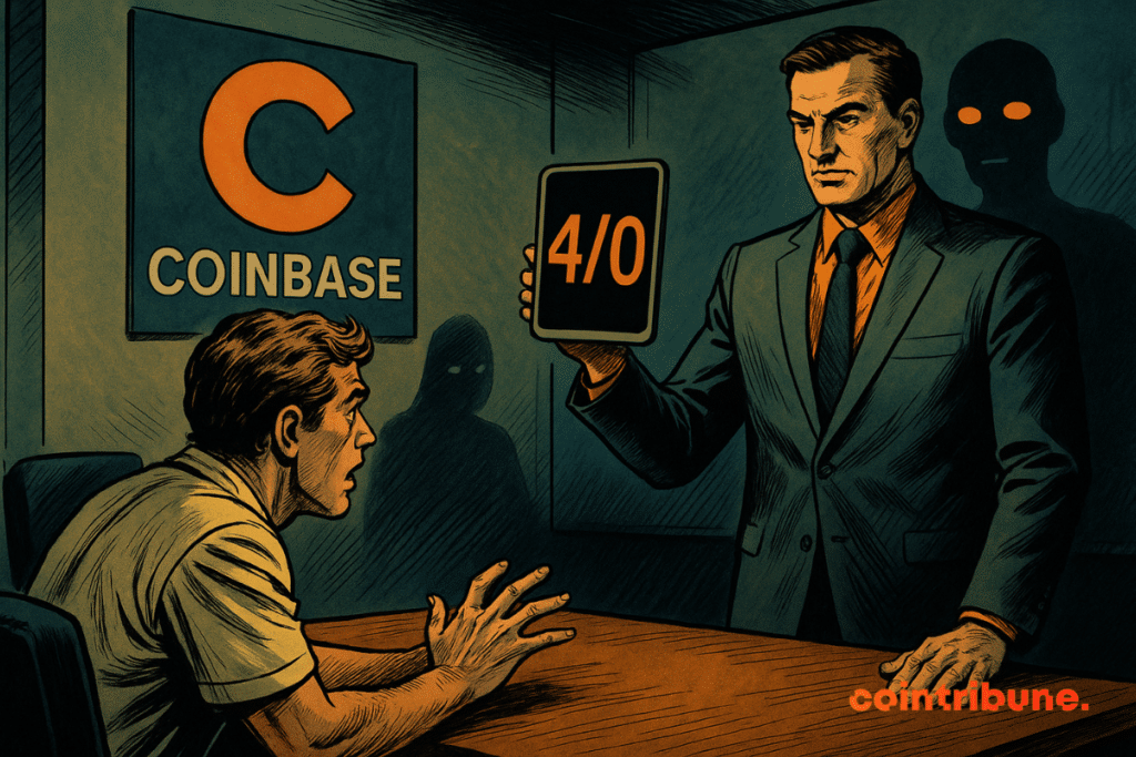 A manager hands a marked tablet "4/10" To a shocked developer, under the eye threatening with an AI silhouette.