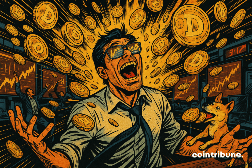 A crypto trader is seated, but leaning backwards, submerged, arms apart, mouth wide open in euphoria. His glasses reflect the image of an explosive graphic and a huge figure: 16,000,000,000. A rain of golden Dogecoin rooms fills the upper half of the image, projected towards him like an avalanche, which symbolizes the explosion of the Open Interest.
