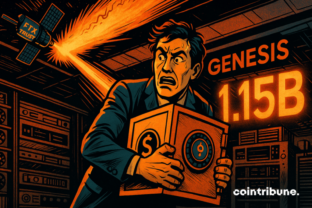 A panicked man protects a digital safe, while FTX satellite attacks a Crypto Genesis center on fire.