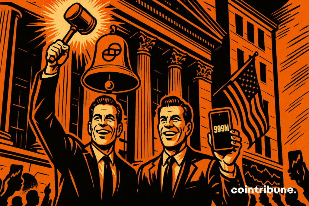 Two twin men, inspired by the Winklevoss brothers from Gemini. One holds a bell hammer (Gavel) raised high, ready to ring the start of the rating. The other has a crypto portfolio in hand displaying an impressive amount in light figures.