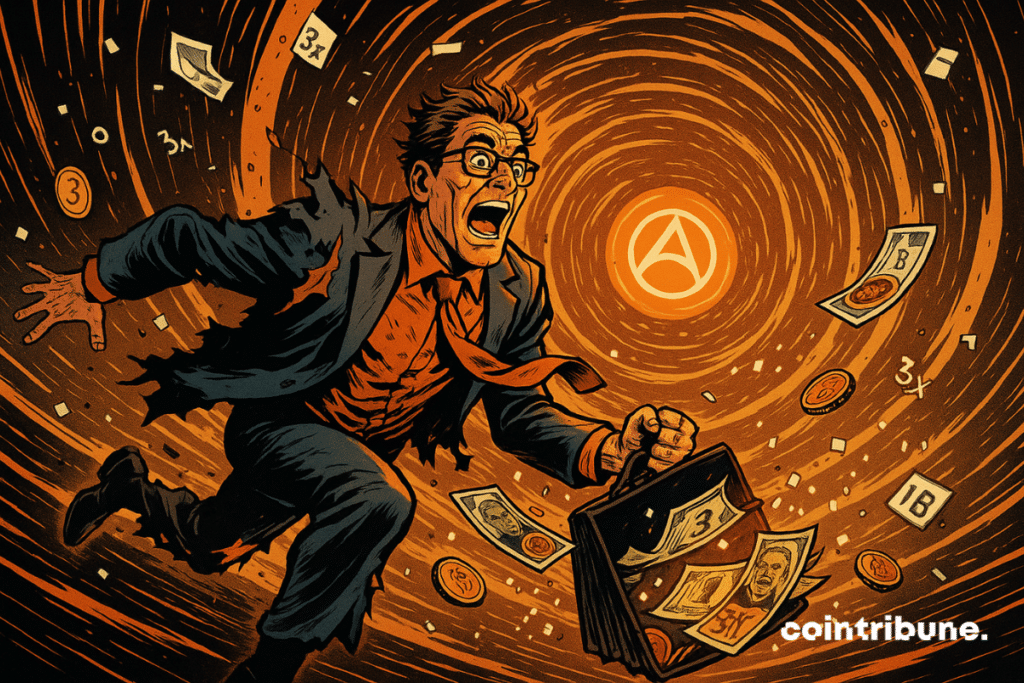 A panicked man falls into an orange vortex, surrounded by tickets, cryptos and digital symbols, in full turmoil.